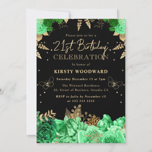グリーンと金ゴールドバラフローラ21歳 招待状 (正面)