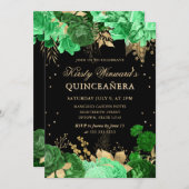 グリーンと金ゴールドバラ縁どフローラキンセアニェラ 招待状 (正面/裏面)