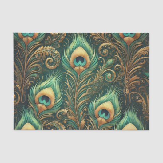 グリーンと金ゴールドピーコックフェザーデクページ紙 薄葉紙 (正面)