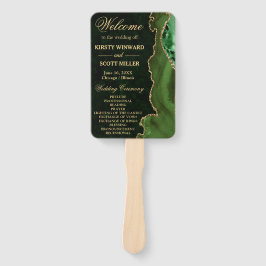 グリーンと金ゴールドフェイクグリッターアゲート結婚式 プログラム ハンドファン