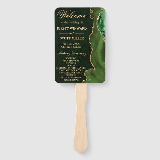 グリーンと金ゴールドフェイクグリッターアゲート結婚式 プログラム ハンドファン (正面)