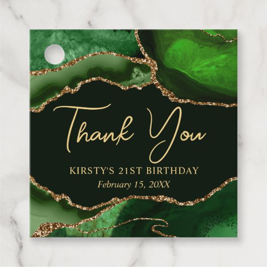 グリーンと金ゴールドフェイクグリッターアゲート誕生日パーティー フェイバータグ (正面)