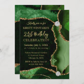 グリーンと金ゴールドフェイクグリッターアゲート誕生日 招待状 (正面/裏面)