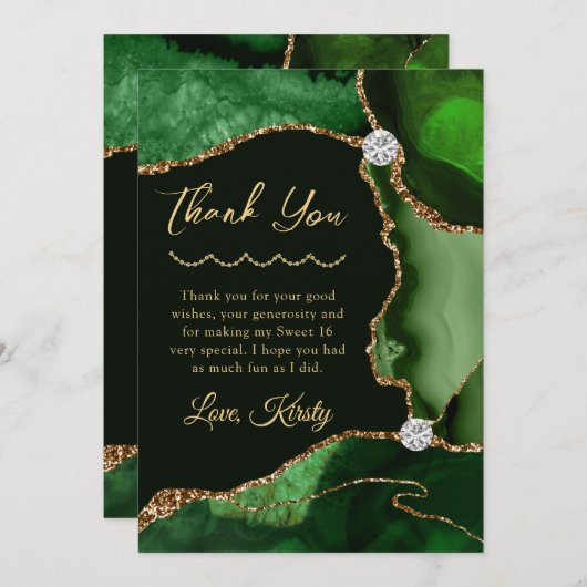 グリーンと金ゴールドフェイクグリッターアゲートSweet sixteen サンキューカード (正面/裏面)
