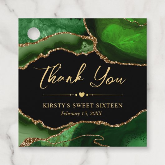 グリーンと金ゴールドフェイクグリッターアゲートSweet sixteen フェイバータグ (正面)