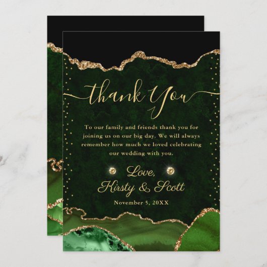 グリーンと金ゴールドフェイクグリッターアゲ結婚ート サンキューカード (正面/裏面)