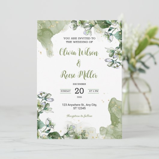 グリーンと金ゴールドフローララグジュアリー結婚式招待状 招待状 (スタンド正面)