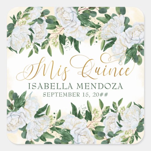 グリーンと金ゴールドホワイト牡丹バラフローラミクリン スクエアシール (正面)