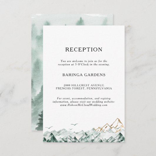 グリーンと金ゴールドマウンテンウェディングレセプションカード エンクロージャーカード (正面/裏面)