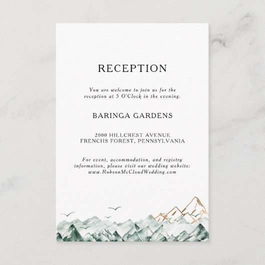 グリーンと金ゴールドマウンテンウェディングレセプションカード エンクロージャーカード (正面)