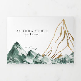 グリーンと金ゴールドマウンテンオールインワントリフォールド 三つ折り招待状