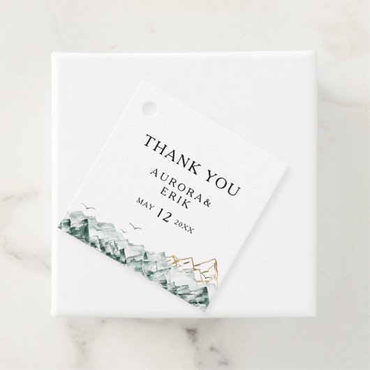 グリーンと金ゴールドマウンテンサンキューメッセージカード フェイバータグ (インサイチュ)