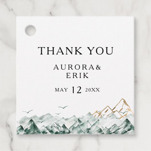 グリーンと金ゴールドマウンテンサンキューメッセージカード フェイバータグ (正面)