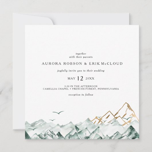 グリーンと金ゴールドマウンテンスクエア結婚式招待状 招待状 (正面)