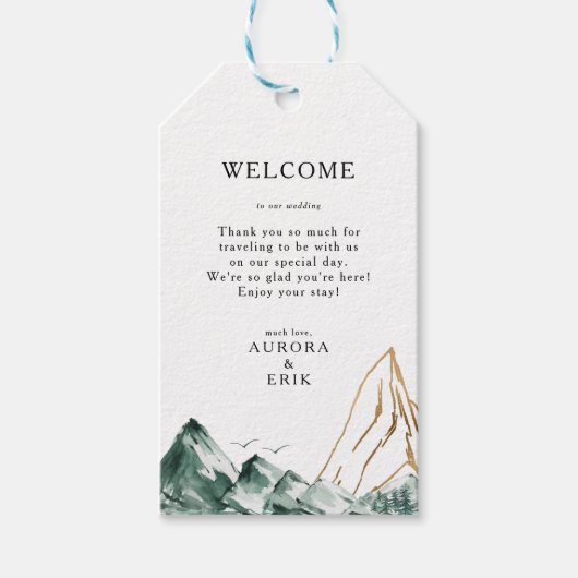 グリーンと金ゴールドマウン結婚テンのウェルカムギフトラベル ギフトタグ (正面)
