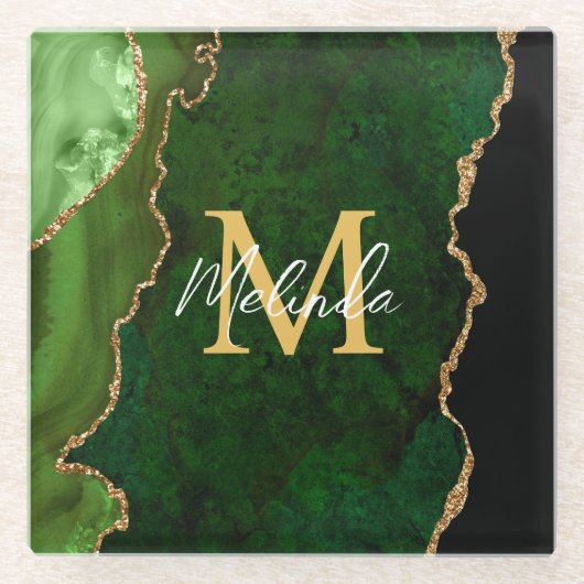 グリーンと金ゴールドマーブルゲート ガラスコースター (正面)