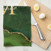 グリーンと金ゴールドマーブルゲート キッチンタオル (四つ折り)