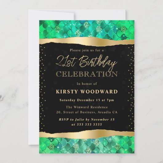 グリーンと金ゴールドマーメイドはかりで測21歳の誕生日 招待状 (正面)
