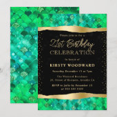 グリーンと金ゴールドマーメイドはかりで測21歳の誕生日 招待状 (正面/裏面)