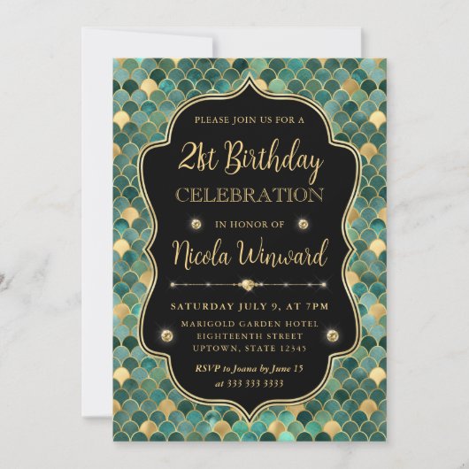 グリーンと金ゴールドマーメイドフレはかりで測ーム誕生日 招待状 (正面)