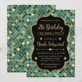 グリーンと金ゴールドマーメイドフレはかりで測ーム誕生日 招待状 (正面/裏面)