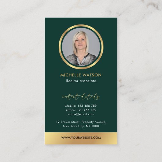 グリーンと金ゴールドモダンのロゴロ実在グ・エステート写真 名刺 (裏面)