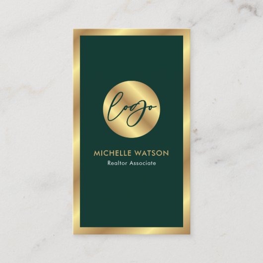 グリーンと金ゴールドモダンのロゴロ実在グ・エステート写真 名刺 (正面)