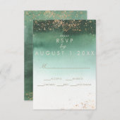 グリーンと金ゴールドモダンの水彩結婚式RSVP エンクロージャーカード (正面/裏面)