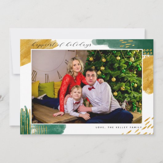 グリーンと金ゴールドモダンハッピーホリデー写真 シーズンカード (正面)