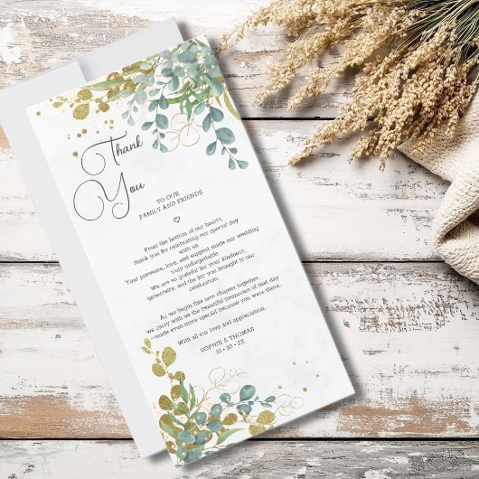 グリーンと金ゴールドユーカリの結婚水彩色 サンキューカード
