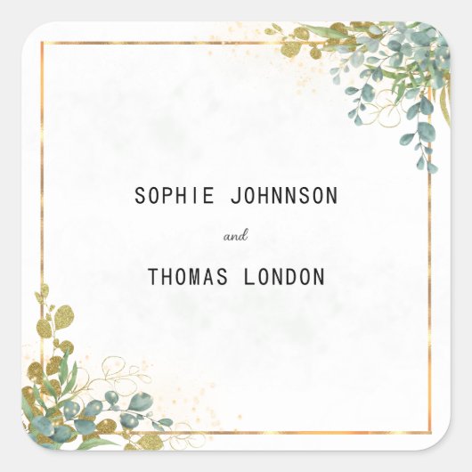 グリーンと金ゴールドユーカリの結婚水彩色 スクエアシール (正面)