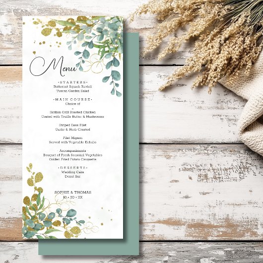 グリーンと金ゴールドユーカリの結婚水彩色 メニュー