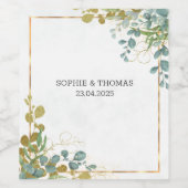 グリーンと金ゴールドユーカリの結婚水彩色 ワインラベル (シングルラベル)