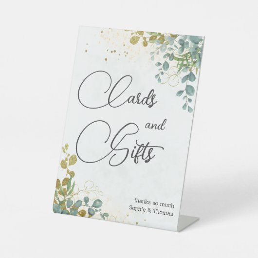 グリーンと金ゴールドユーカリの結婚水彩色 台座サイン (正面)