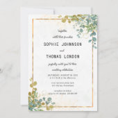 グリーンと金ゴールドユーカリの結婚水彩色 招待状 (正面)