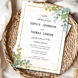 グリーンと金ゴールドユーカリの結婚水彩色 招待状