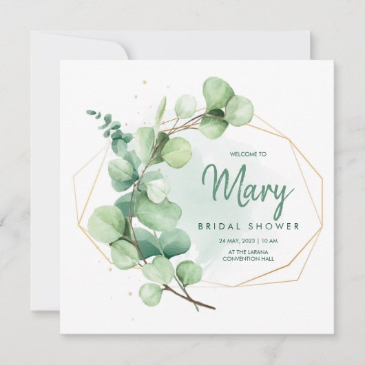 グリーンと金ゴールドユーカリの緑のブライダルシャワー 招待状 (正面)