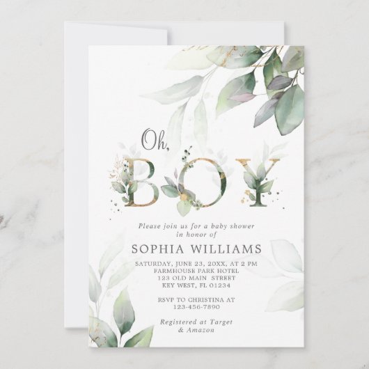 グリーンと金ゴールドユーカリ赤ちゃんシャワー 招待状 (正面)