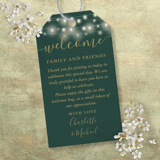 グリーンと金ゴールドライト結婚式の引き出物ウェルカムバスケット ギフトタグ
