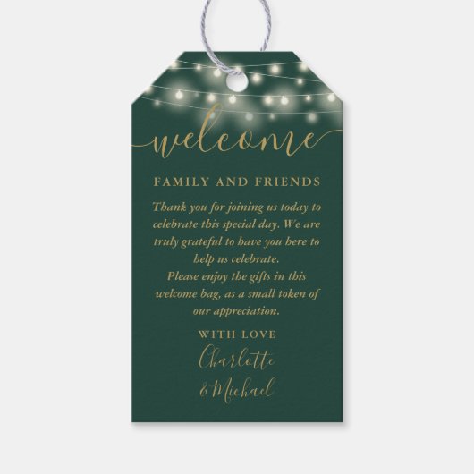 グリーンと金ゴールドライト結婚式の引き出物ウェルカムバスケット ギフトタグ (正面)