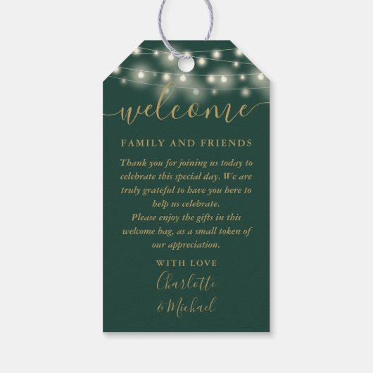 グリーンと金ゴールドライト結婚式の引き出物ウェルカムバスケット ギフトタグ (裏面)