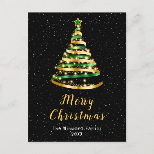グリーンと金ゴールドリボンツリーメリークリスマス シーズンポストカード (正面)