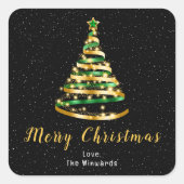 グリーンと金ゴールドリボンツリーメリークリスマス スクエアシール (正面)