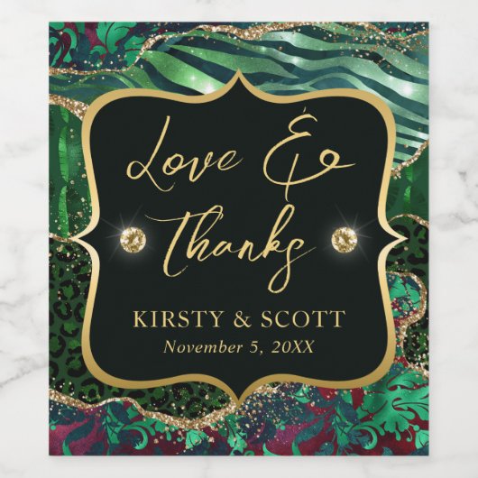 グリーンと金ゴールドワイルドジャングルグリッターアゲート結婚ト ワインラベル (シングルラベル)