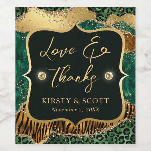 グリーンと金ゴールドワイルドジャングルグリッターアゲート結婚ト ワインラベル (シングルラベル)