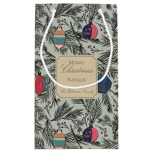 グリーンと金ゴールドヴィンテージクリスマスオーナメントパインベリー スモールペーパーバッグ (裏面)