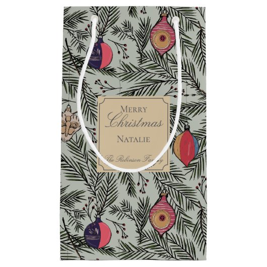 グリーンと金ゴールドヴィンテージクリスマスオーナメントパインベリー スモールペーパーバッグ (正面)
