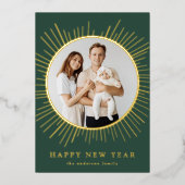 グリーンと金ゴールド日が差すことハッピーニューイヤー写真 箔シーズンカード (正面)