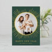 グリーンと金ゴールド日が差すことハッピーニューイヤー写真 箔シーズンカード (立ち正面)