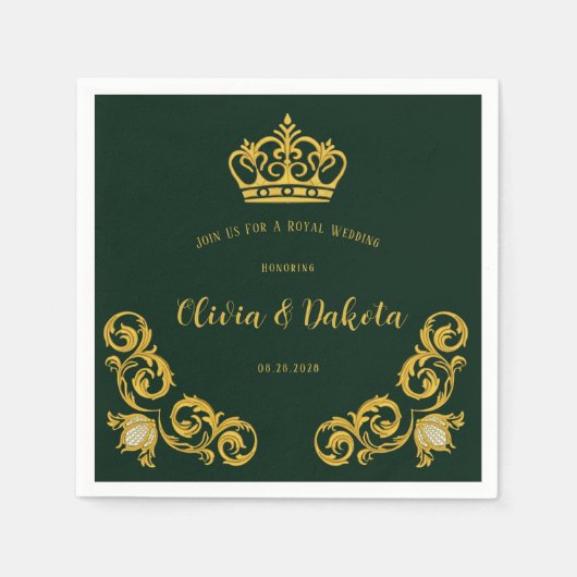 グリーンと金ゴールド王室のクラウン結婚ズ・ナプキン スタンダードカクテルナプキン (正面)
